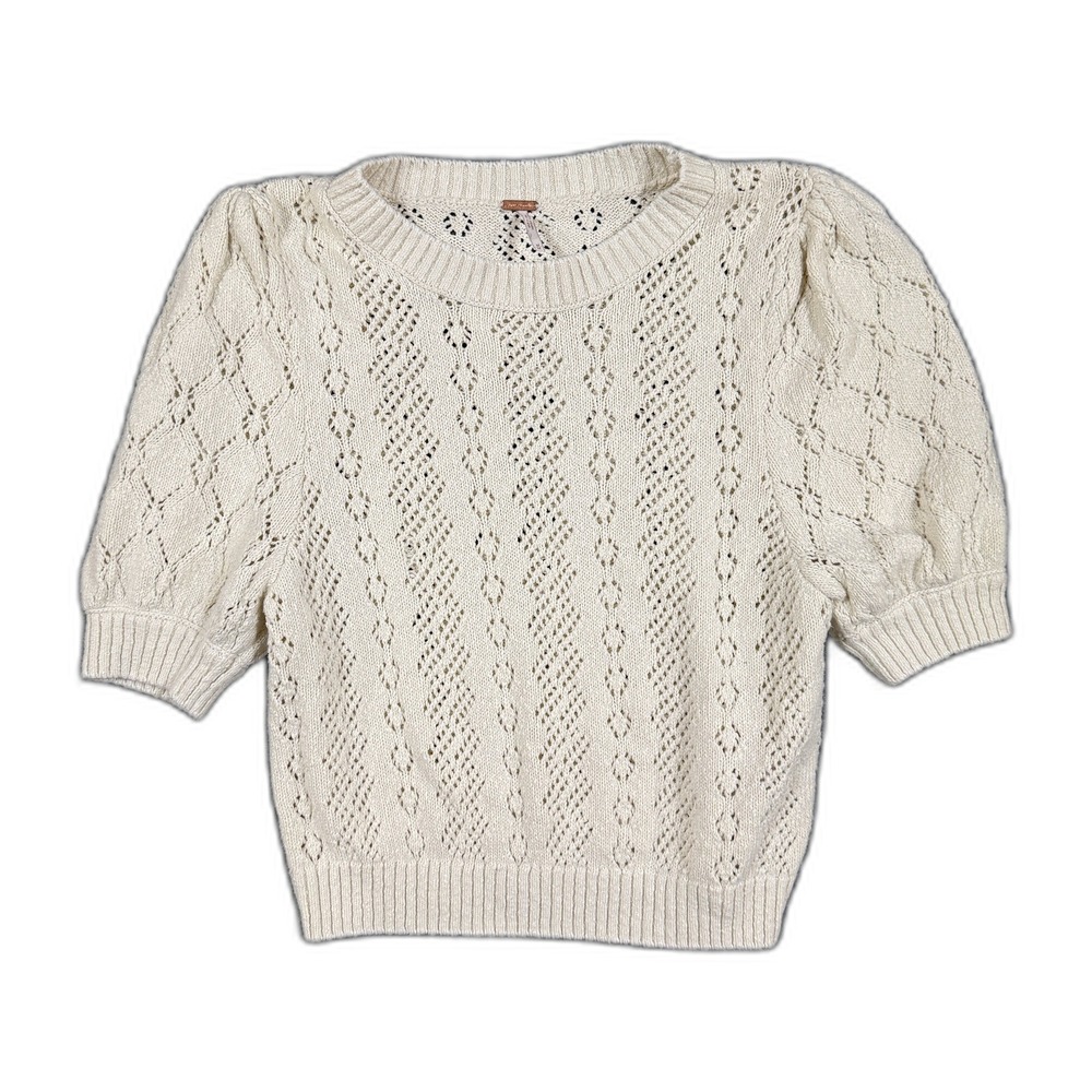 Free People Cream Pointelle Knit Puff Short Sleeve Cropped Sweater OB1864493 M